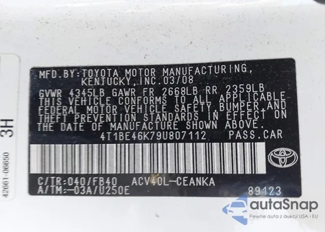 2009 Toyota Camry z USA, uszkodzony, nr VIN 4T1BE46K79U807112